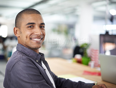 Buy stock photo Portrait, smile and graphic designer with business, man and happy with ambitious worker or employee with a startup and career. Face, modern office or confidence with consultant for a creative project