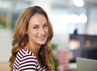 Buy stock photo Woman, portrait and smile with workplace, startup and creative work or job. Designer, employee and office for career, internship or entrepreneurship with positive and happiness on blurred background