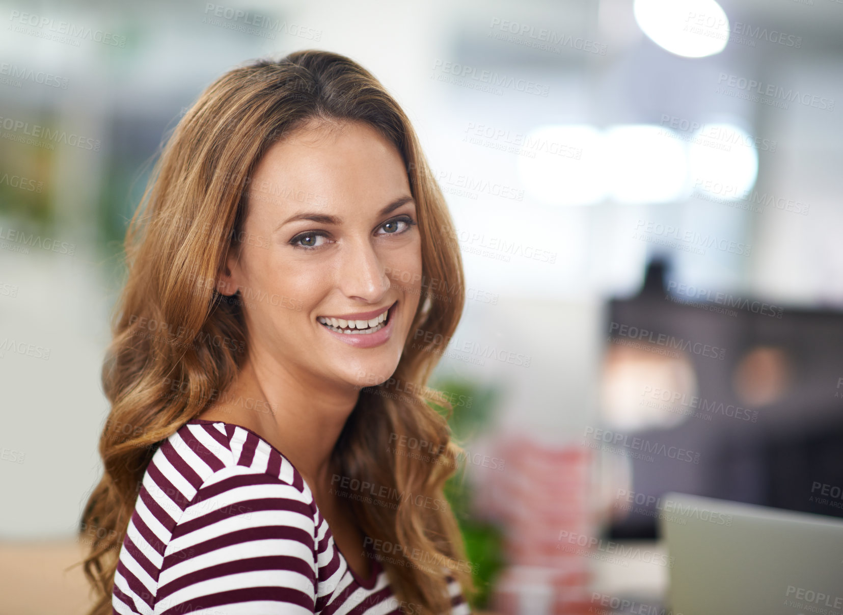 Buy stock photo Woman, portrait and smile with workplace, startup and creative work or job. Designer, employee and office for career, internship or entrepreneurship with positive and happiness on blurred background