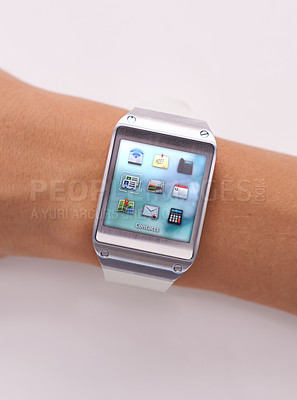 Buy stock photo Wrist, smart watch and icons technology or screen for schedule planning on white background, location or studio. Person, arm and display network gadget or futuristic applications, notes or browsing