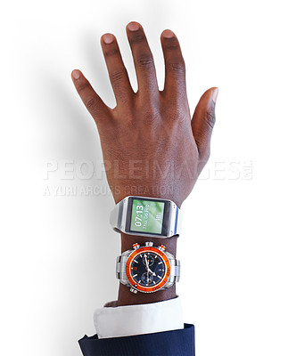 Buy stock photo Studio shot of an arm wearing a smart watch and an analog watch - All screen content is designed by us and not copyrighted by others