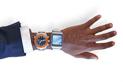 Buy stock photo Hand, analog screen or businessman with smart watch for time technology on white background in studio. Closeup, two options or entrepreneur with device display on gadget for futuristic app or choice 