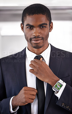 Buy stock photo Portrait, suit or businessman with smart watch for time technology or device for office schedule. Black man, formal outfit or screen display network gadget for futuristic applications or notification