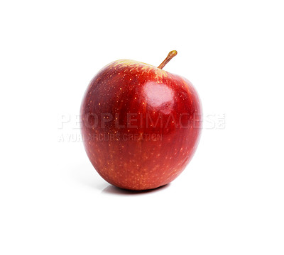 Buy stock photo Apple, food and wellness with red fruit in studio isolated on white background for diet, health or nutrition. Sustainability, vitamins and minerals with organic produce for detox or weightloss