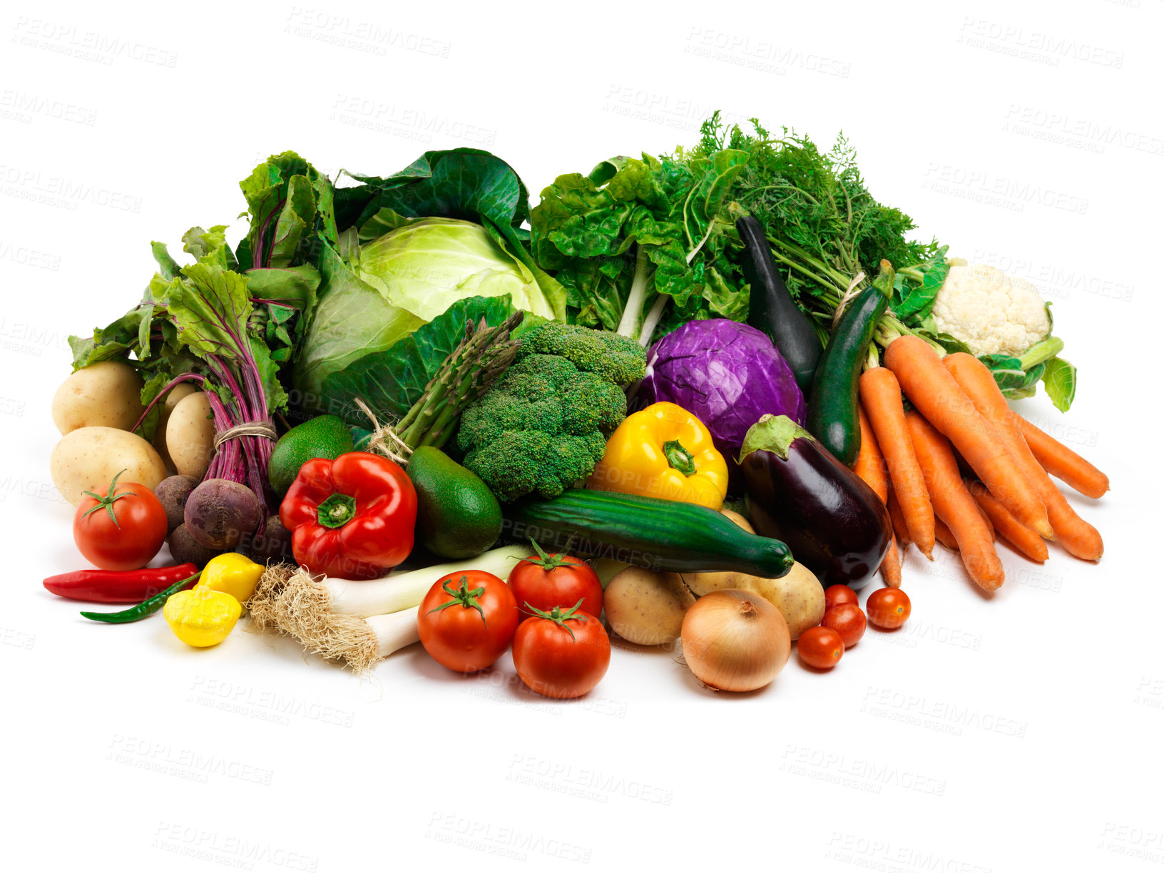 Buy stock photo Agriculture, groceries and vegetables in studio for healthy diet, organic food and fresh produce. Harvest, nutrition and pile of natural products for vegan lifestyle, sustainability and wellness