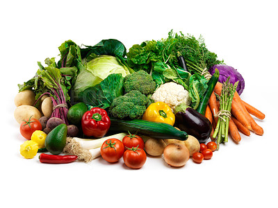 Buy stock photo Studio shot of a pile of fruit and vegetables against a white background