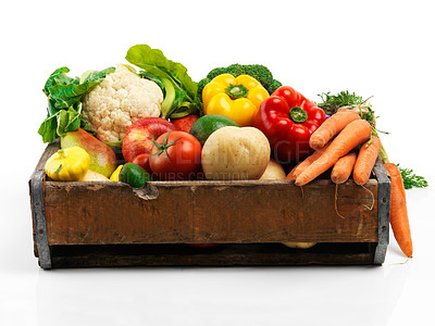 Buy stock photo Studio, crate and fresh or organic vegetables for nutrition or wellbeing, ripe and raw ingredients for sustainability or eating. Agriculture, produce and healthy diet for vegan, wellness and protein.