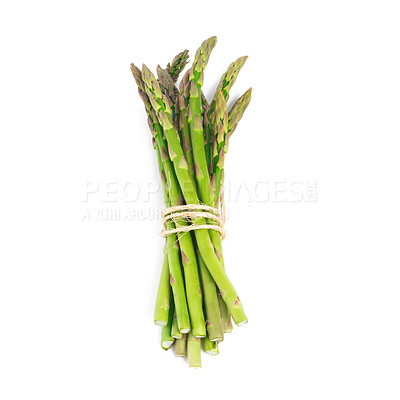 Buy stock photo High angle shot of a bundle of green asparagus against a white background