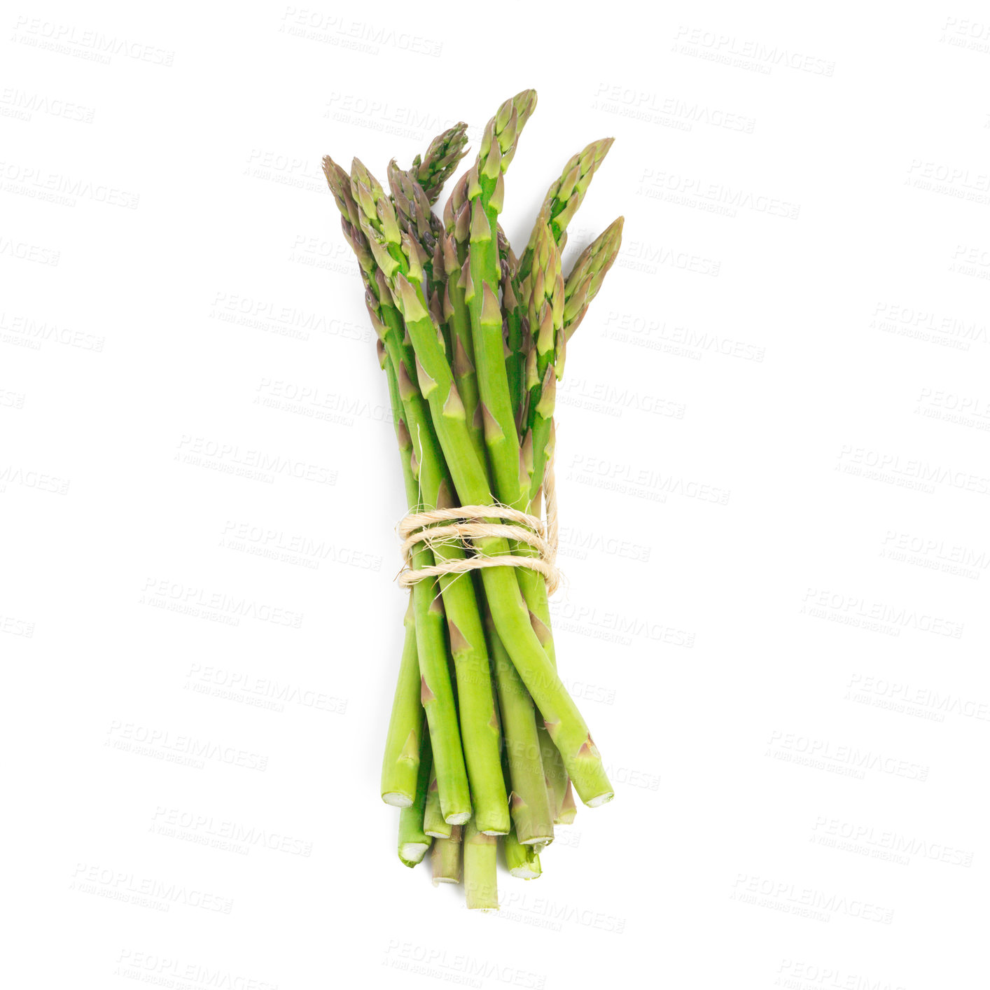 Buy stock photo High angle shot of a bundle of green asparagus against a white background