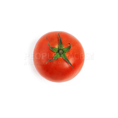 Buy stock photo Tomato, red and vegetable with natural nutrition, healthy food or eating on a white studio background. Top view of raw organic fruit, produce or vegan meal with snack for sustainability on mockup