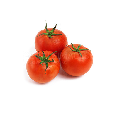 Buy stock photo Tomatoes, closeup and studio for health, wellness or organic diet on counter. Fruit, nutrition or produce for eating, gourmet and meal or cuisine with vitamins for weight loss on white background