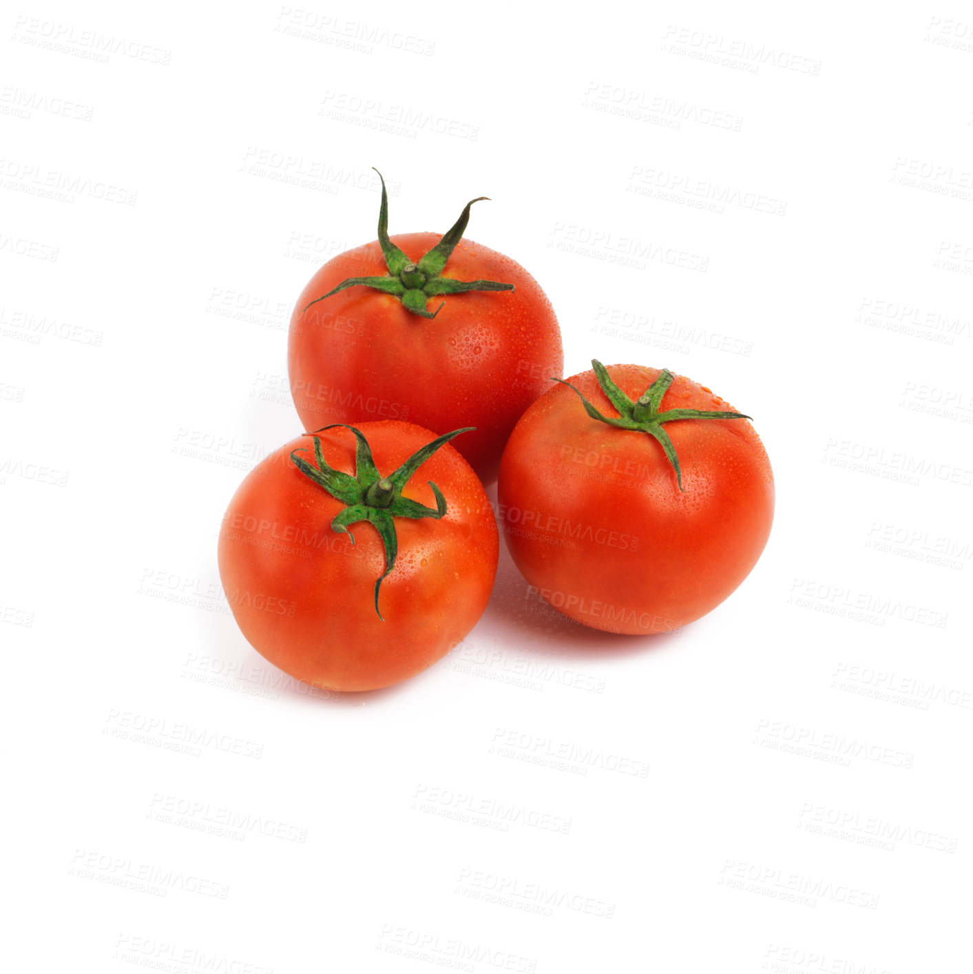 Buy stock photo Tomatoes, closeup and studio for health, wellness or organic diet on counter. Fruit, nutrition or produce for eating, gourmet and meal or cuisine with vitamins for weight loss on white background