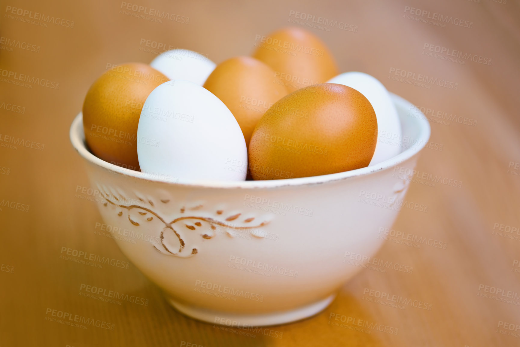 Buy stock photo Agriculture, protein and eggs in bowl for sustainable, organic food and reproduction with wellness. Diet, closeup and produce from livestock for nutrition, breakfast or healthy meal on table