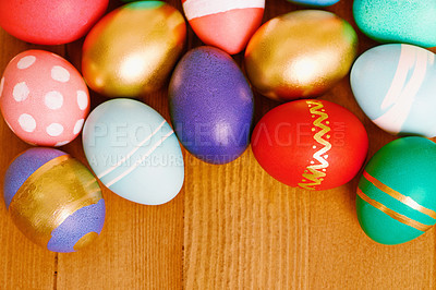 Buy stock photo Easter, egg and pattern decoration for holiday season with sweet presents or festive vacation, present or dessert. Shell, handicraft and traditional candy for break in Canada, chocolate or sweets