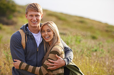 Buy stock photo Hiking, portrait and couple hug in nature with love, trust and bonding outdoor together. Backpack, travel or face of people embrace in countryside for adventure, vacation or romantic trekking journey