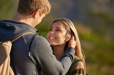 Buy stock photo Couple, smile or romance in hiking, vacation as walking adventure in nature park in countryside. Happy woman, man or love as sunshine, date or bonding together on trekking holiday or day trip