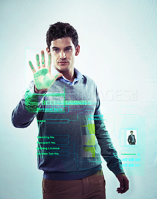 Buy stock photo Security hologram, biometric fingerprint and man with handprint password for business identity check. Holographic digital transformation, future id dashboard and ui user with cybersecurity software