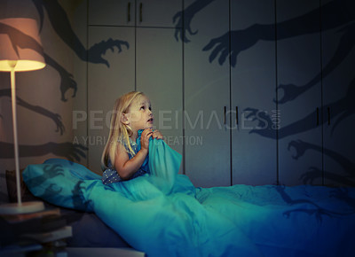 Buy stock photo Nightmare, shadow and monster with a girl in bed at night feeling afraid or scared of the dark. Kids, horror or fear with a young female child sitting alone in a dark, spooky and creepy bedroom