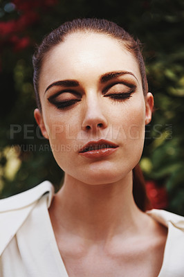 Buy stock photo Beauty, makeup and face of woman in garden for aesthetic, cosmetics or natural wellness outdoor. Nature, skincare and spring with confident young model in garden for organic dermatology or treatment