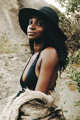 Buy stock photo African woman, fashion and closeup with nature, portrait and beach for adventure. Tourist, clothes and holiday for vacation, proud and sunshine for relax and travel in summer for trendy and style