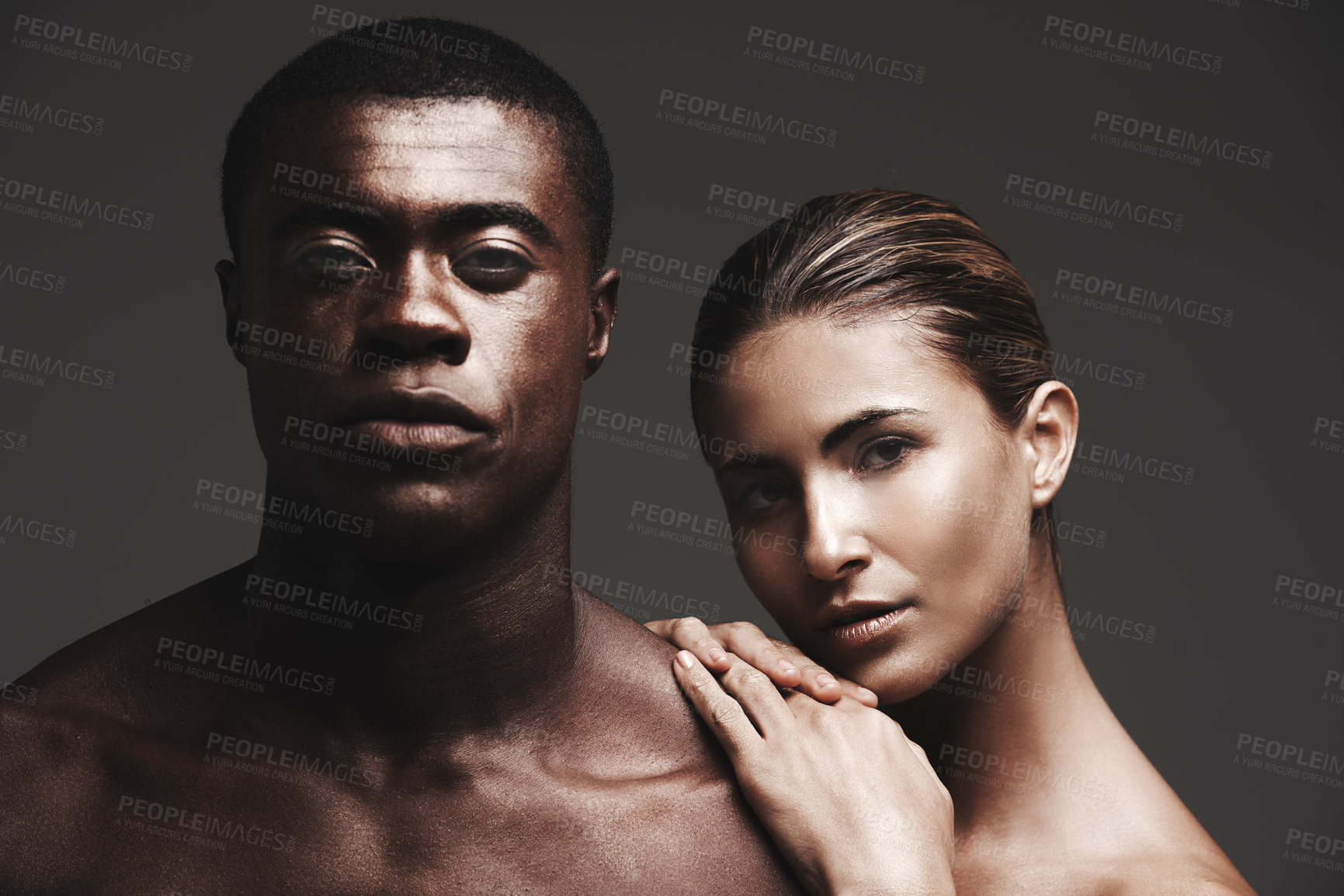Buy stock photo Portrait, interracial couple or glow in beauty, skincare or dermatology as health and wellness. Black man, woman or love as creative, aesthetic or diversity in bonding together on grey background