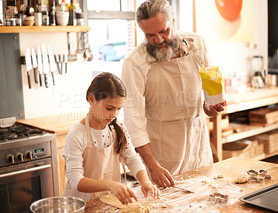 Buy stock photo Girl, child or grandpa with flour in kitchen for cooking, baking and teaching with support or helping. Family, senior man or grandchild with dough preparation in home for bonding, learning or cookies