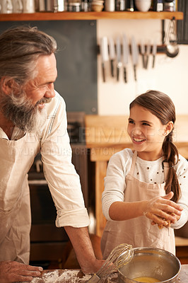 Buy stock photo Girl, kid and grandfather with cooking in kitchen for mixing, baking and teaching with support and helping. Family, senior man and grandchild with dough preparation in bowl for bonding and learning