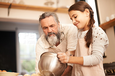Buy stock photo Girl, child and grandfather with baking in kitchen for cooking, mixing and teaching with support and helping. Family, senior man and grandchild with dough preparation in bowl for bonding and learning