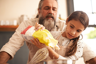 Buy stock photo Girl, child and grandfather with flour in kitchen for cooking, baking and teaching with support or helping. Family, senior man and grandchild with dough preparation in home for bonding and learning