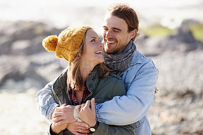 Buy stock photo Hug, nature and couple with love, smile and happiness with weekend break and vacation for honeymoon. Outdoor, romance and embrace with woman and man with sunshine and summer with holiday and romance