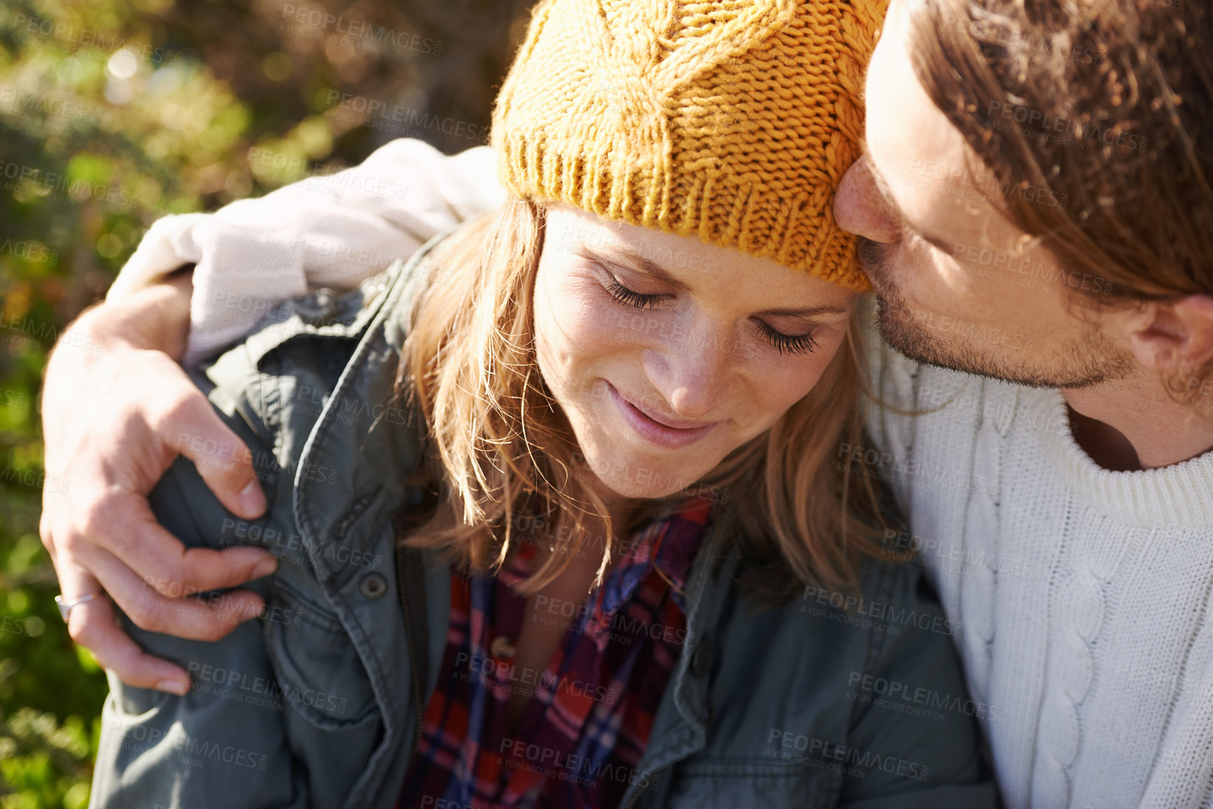 Buy stock photo Hug, marriage and couple with love, happiness and romance with relationship and vacation for honeymoon. Outdoor, marriage and embrace with woman and man with sunshine and date with holiday and smile