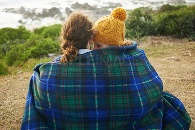 Buy stock photo Happy couple, camping and bonding together in nature, blanket and romantic getaway to relax on grass. Man, woman and love on vacation for honeymoon break, adventure and travel for marriage in outdoor