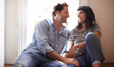 Buy stock photo Floor, laughing or happy couple talking in home living room in conversation or speaking together. Man, funny woman or romantic people in apartment or house with love, support or joke humor to relax