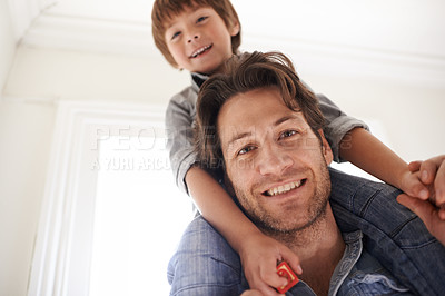 Buy stock photo Father with son on his shoulders, portrait and home with smile and love with single parent and bonding together. Family, dad carrying boy and childhood with fun and playing with joy and happiness