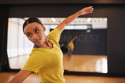 Buy stock photo Ballet, dance and woman in fitness studio for performance, show or theater rehearsal. Art, balance or female dancer with classic, beauty or movement for ballroom, steps or warm up for stage training