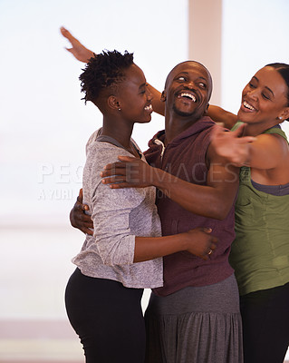 Buy stock photo Fitness, hug and friends at gym with support, trust and care, growth or goal celebration. Happy, sports and group of people embrace at studio excited for club membership, start or dance class workout