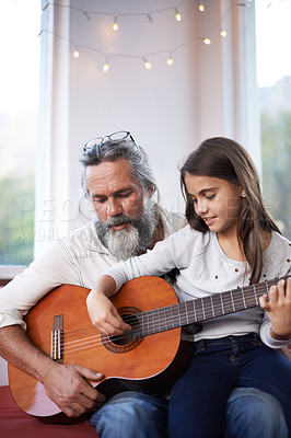 Buy stock photo Old man, girl or guitar as teaching, music or training as creative practice for skill development. Grandpa, kid or instrument as learning to mentor, guide or advice as song, bonding or together