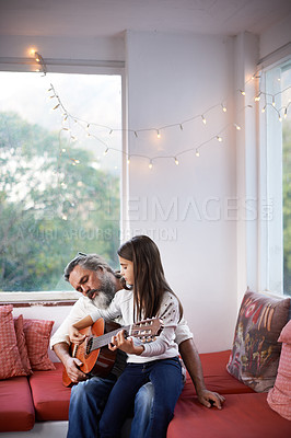 Buy stock photo Old man, child or guitar as teaching, music or training as creative practice for talent development. Grandpa, kid or instrument as learning to mentor, guide or advice as song, bonding or together
