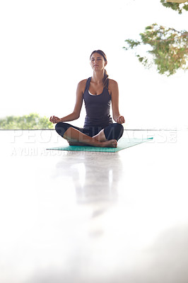 Buy stock photo Fitness, meditation and yoga with woman outdoor at home for inner peace, wellness or zen workout. Exercise, health and training with confident young person on floor of apartment for holistic balance