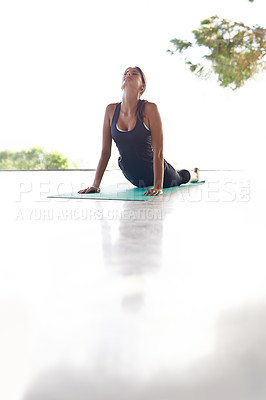 Buy stock photo Stretching, sunshine and woman with yoga and fitness with exercise and wellness. Person, yogi and girl meditate on the floor with training and workout with balance and zen with chakra and healthy