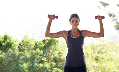 Buy stock photo Portrait, outdoor and woman with dumbbells, fitness and smile for exercise or balance and wellness. Healthy, person and athlete with equipment for training and weights for workout with energy