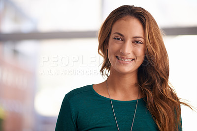 Buy stock photo Portrait, happy and business woman in office, startup or company for creative job in workplace. Face, person and smile of professional entrepreneur, employee and designer working on career in Canada