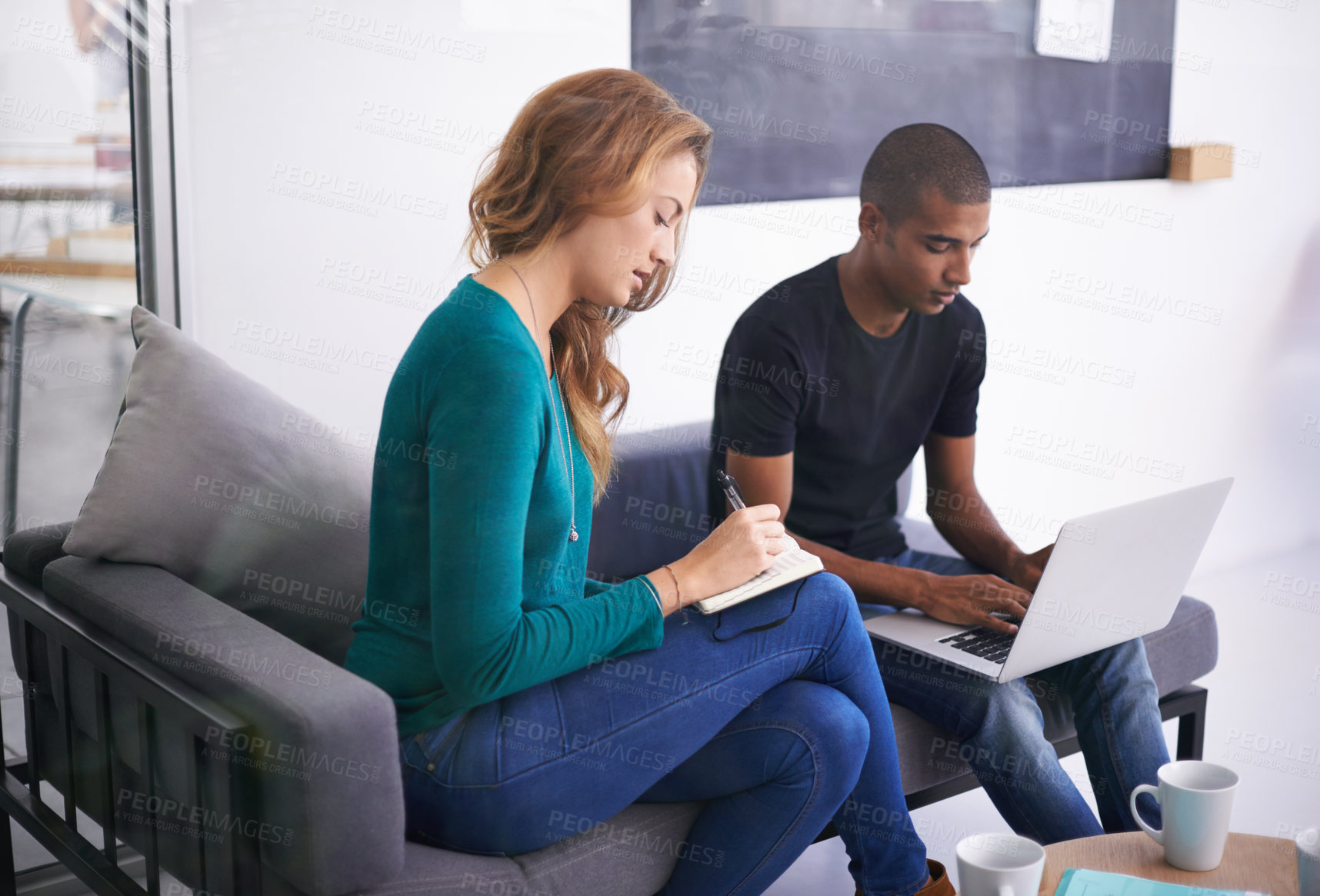 Buy stock photo Students, laptop and notebook with writing for research, project planning or studying together. Friends, technology and teamwork with brainstorming for exam, knowledge and ideas in university