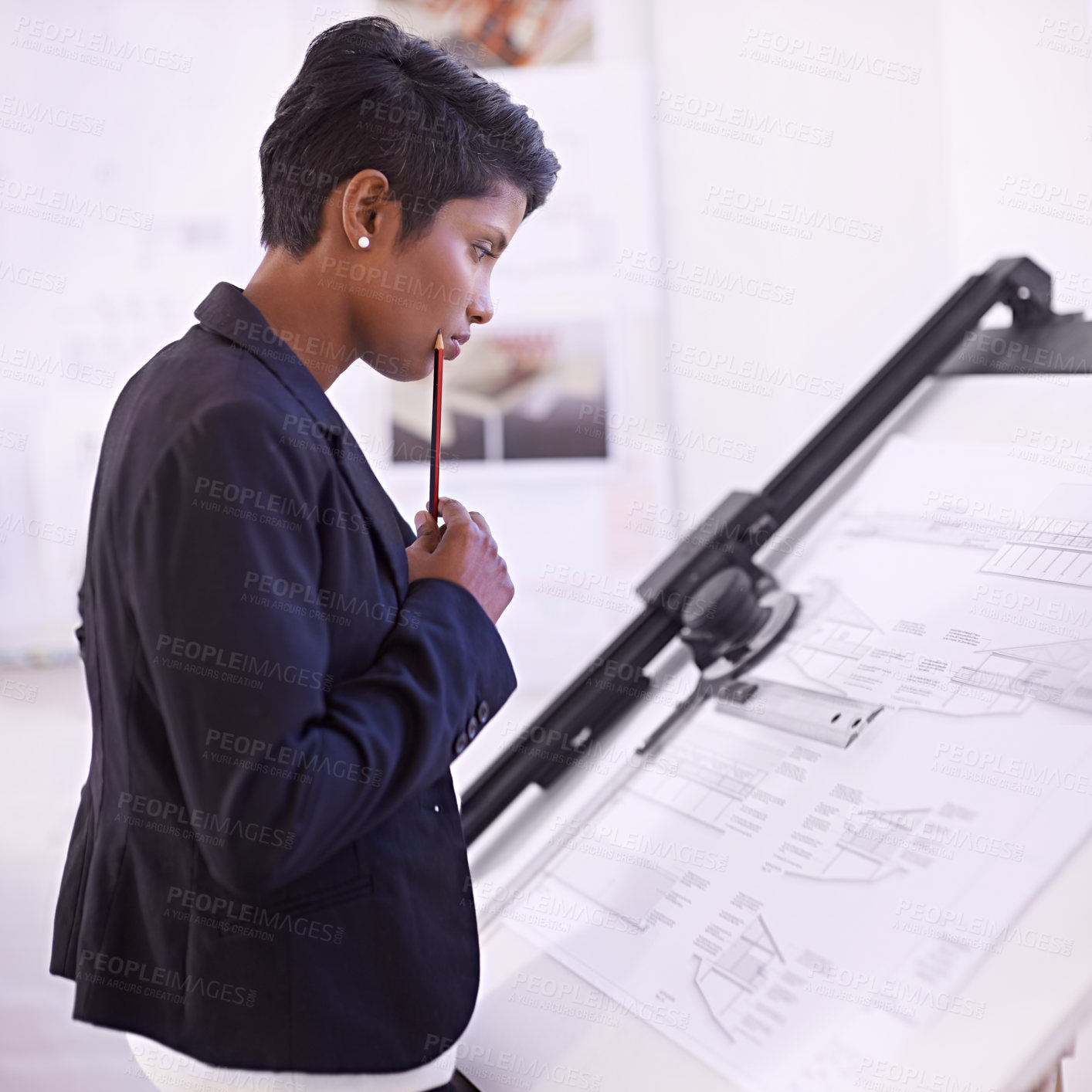 Buy stock photo Architecture, civil engineering or woman thinking of drawing for development project or planning on paper. Measure, blueprint or female designer with ideas for sketching floor plan of office building