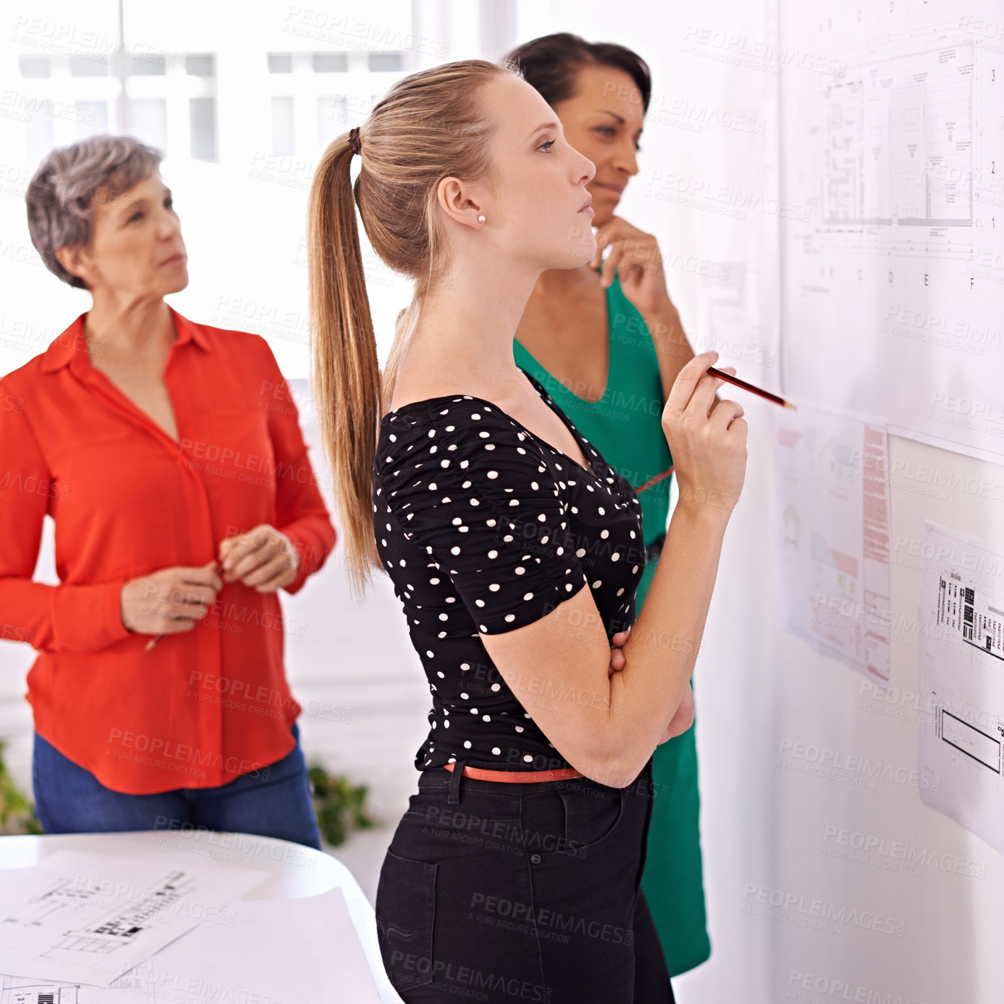 Buy stock photo Architecture, board or people thinking of drawing in office for development project, brainstorming or planning. Paper, blueprint or designer with engineering ideas or teamwork for floor plan together