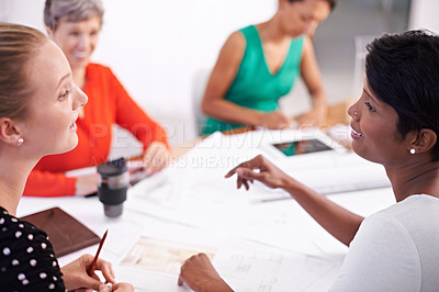 Buy stock photo Group of women, brainstorm or paper in business meeting, teamwork or planning of corporate project. Businesswomen, document or talk as professional, diversity or collaboration in strategy development