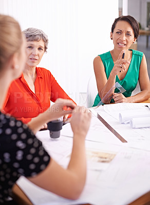 Buy stock photo Women, brainstorm or paper in business meeting, discussion or planning of corporate project. Businesswomen, document or talk as professional, teamwork or collaboration in blueprint development