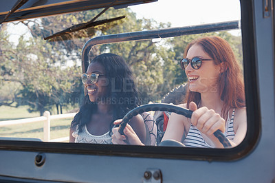 Buy stock photo Happy women, diversity and travel on road trip in countryside and sightseeing for adventure in nature. Friends, driving and transportation in convertible suv on holiday and bonding together in texas
