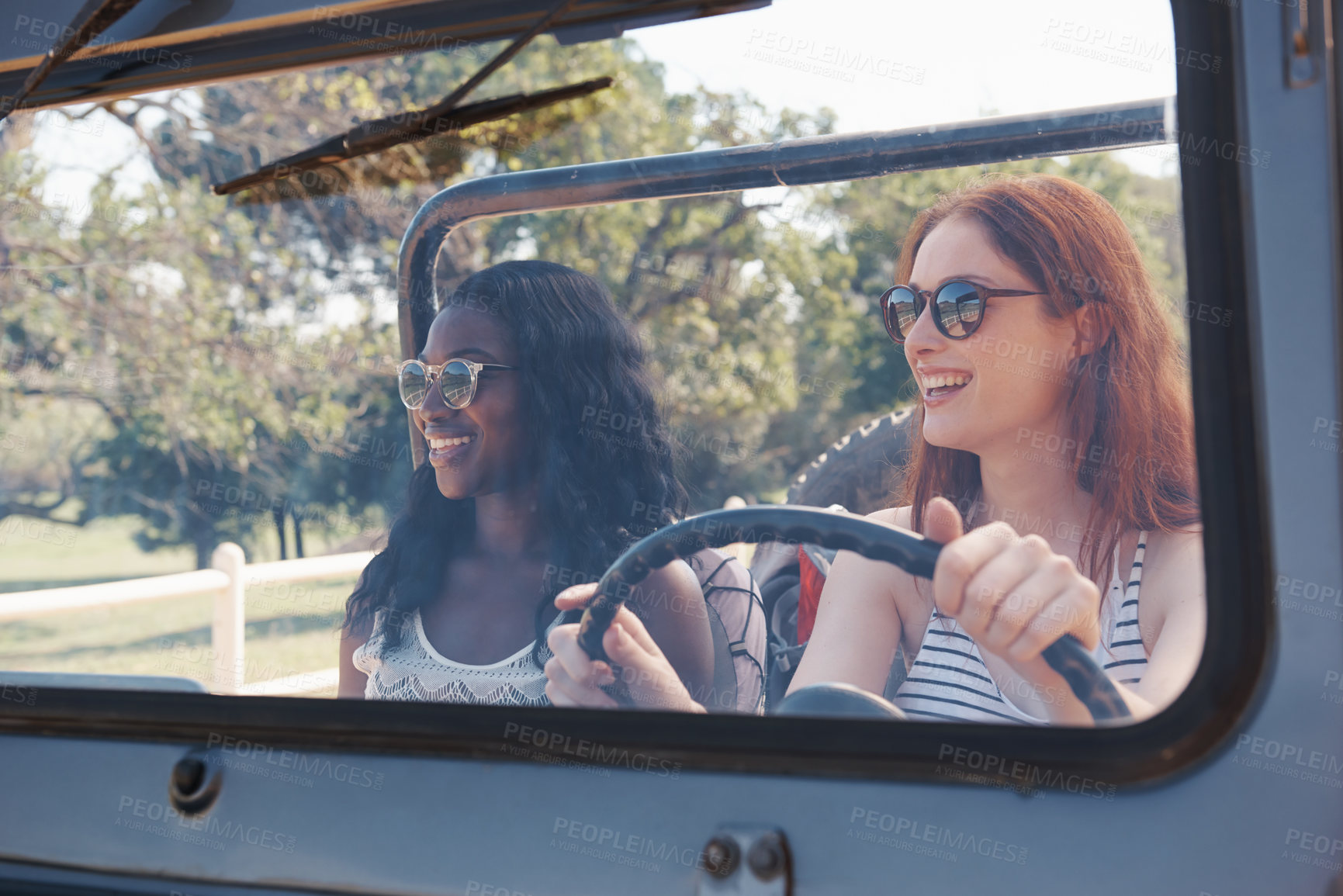 Buy stock photo Happy women, diversity and travel on road trip in countryside and sightseeing for adventure in nature. Friends, driving and transportation in convertible suv on holiday and bonding together in texas