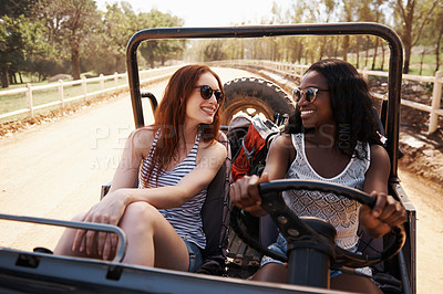Buy stock photo Happy women, talking and vacation with road trip in nature and bonding together for adventure in outdoor. Friends, driving or journey in convertible van on holiday, countryside or summer fun in texas